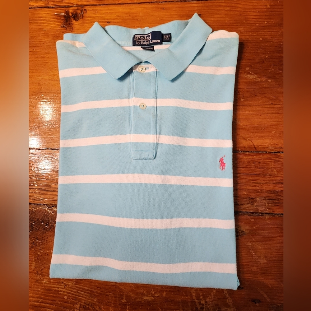 Polo short sleeve mens shirt.  3XLT. Light blue with white stripes.